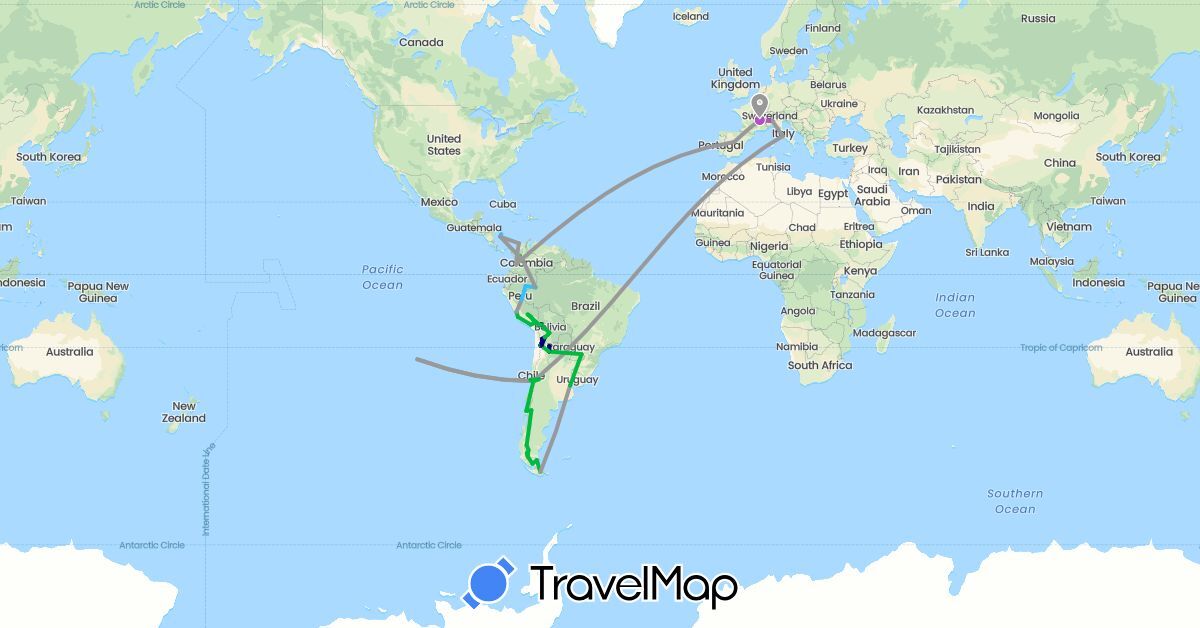TravelMap itinerary: driving, bus, plane, cycling, train, hiking, boat in Argentina, Bolivia, Chile, Colombia, Spain, France, Italy, Peru (Europe, South America)